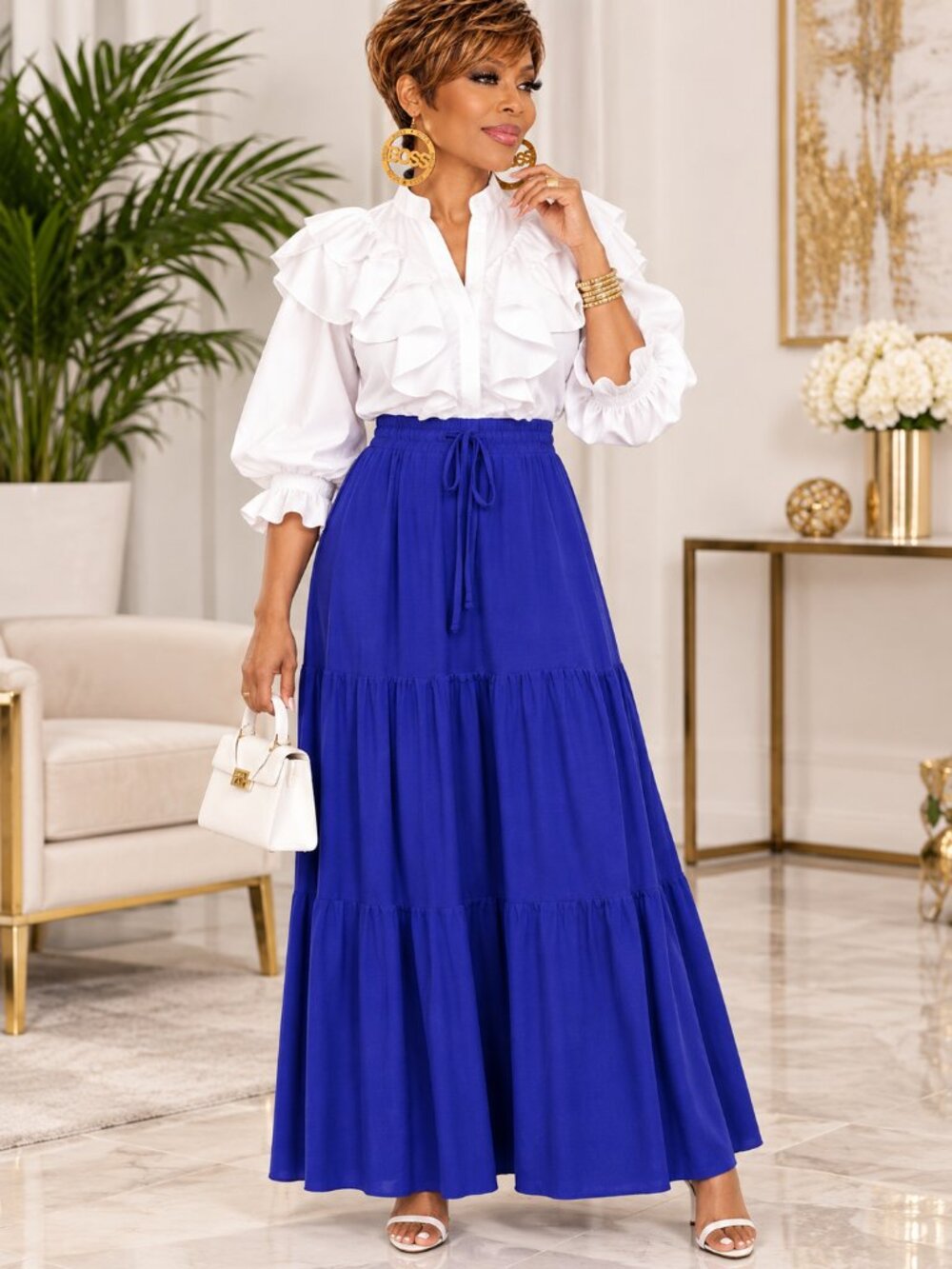 Boho Plus Size Drawstring Tiered Ruffle Maxi Skirt